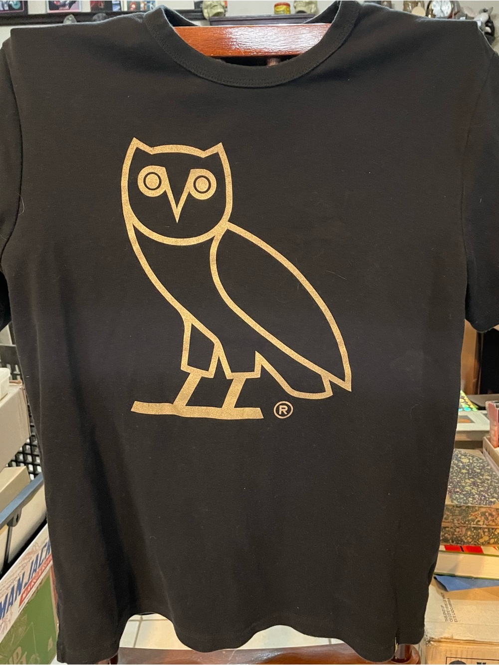 Black Short Sleeve Tee with Gold Owl Logo